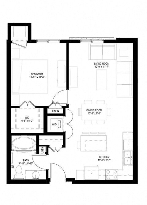 Floor plan for 1 bed, 1 bath, 723 sqft